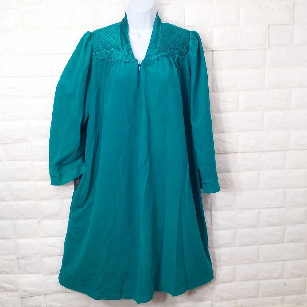 Vintage 80s Mervyns Partners Dressing Gown Robe -L Pocket Zipper Fuzzy Poly Teal
